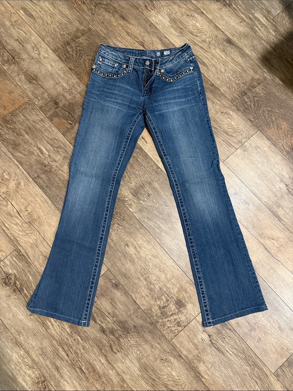 Miss Me Dark Blue Flare Jeans with Studded Pockets